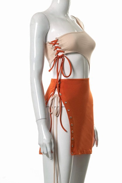 contrast color waist side slit dress