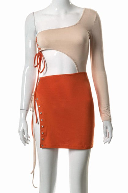 contrast color waist side slit dress