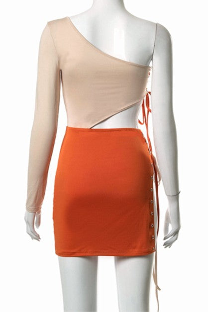 contrast color waist side slit dress