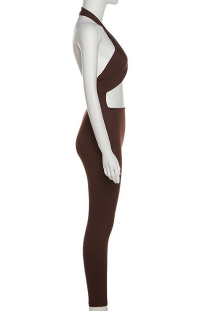 sexy open back halter  jumpsuit
