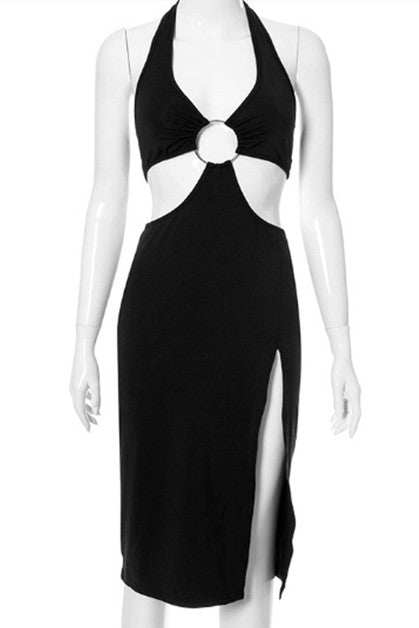 halter neck tie back open dress