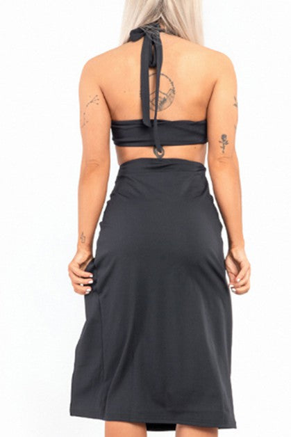 halter neck tie back open dress