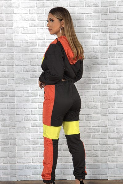 contrast color drawstring hoodie set