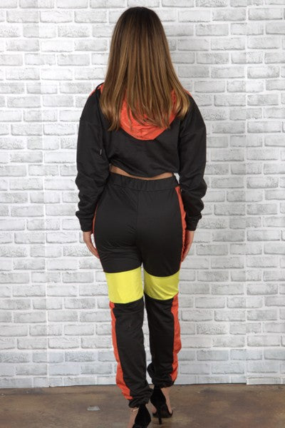 contrast color drawstring hoodie set