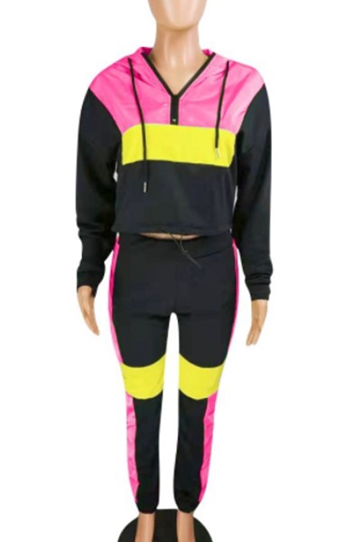 contrast color drawstring hoodie set