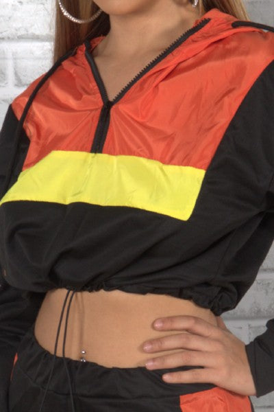 contrast color drawstring hoodie set