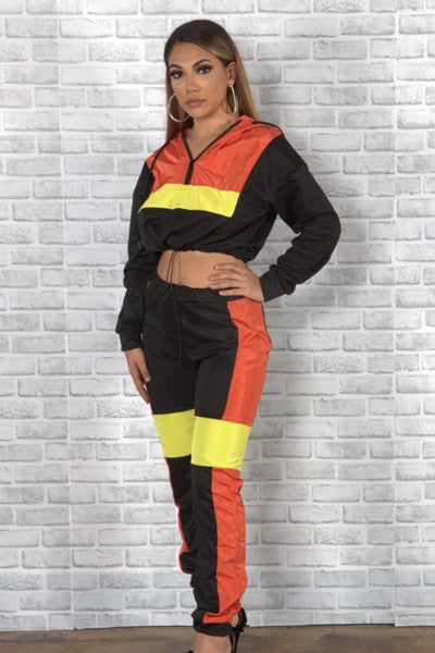 contrast color drawstring hoodie set