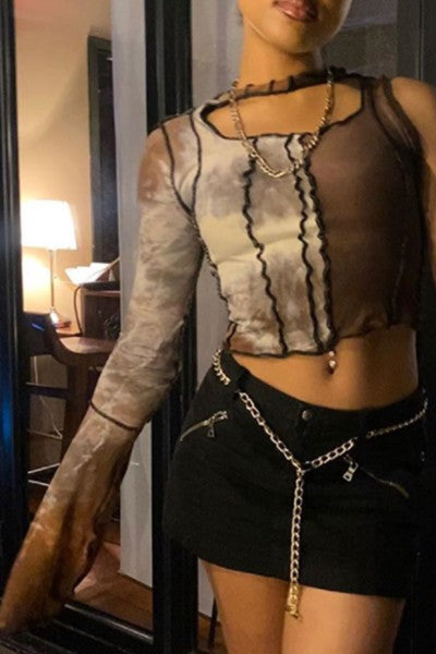 side one-shoulder long-sleeved navel top