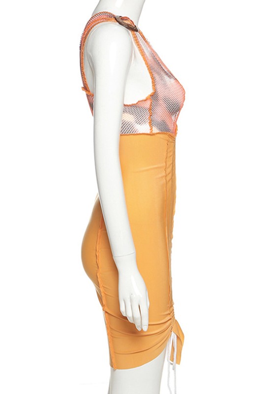 sling mesh stitching irregular backless dress