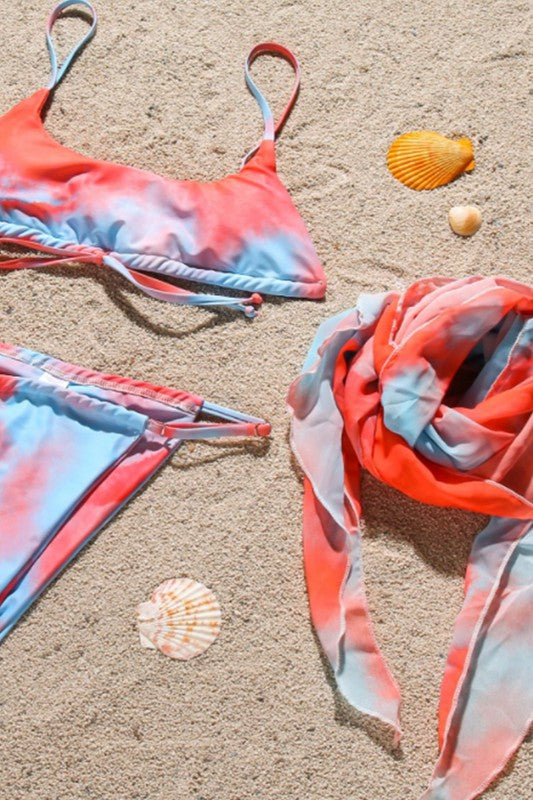 Tie dye two piece bikini with cover up