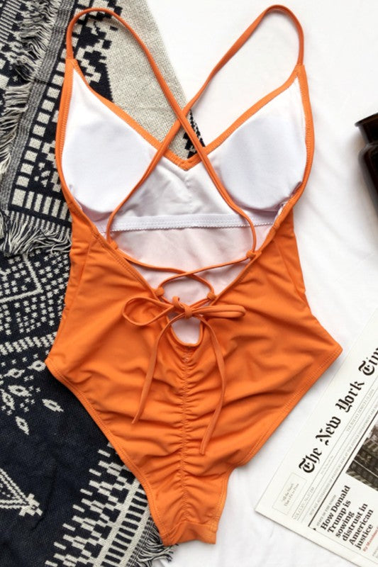 Simple tie up back one piece swimsuit