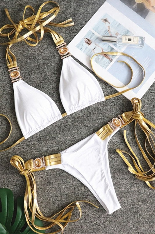 Gold strap two piece swimsuit