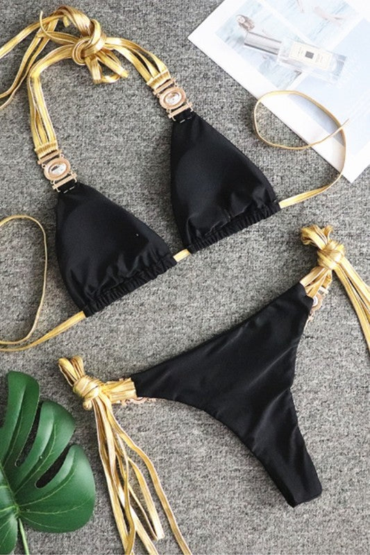 Gold strap two piece swimsuit