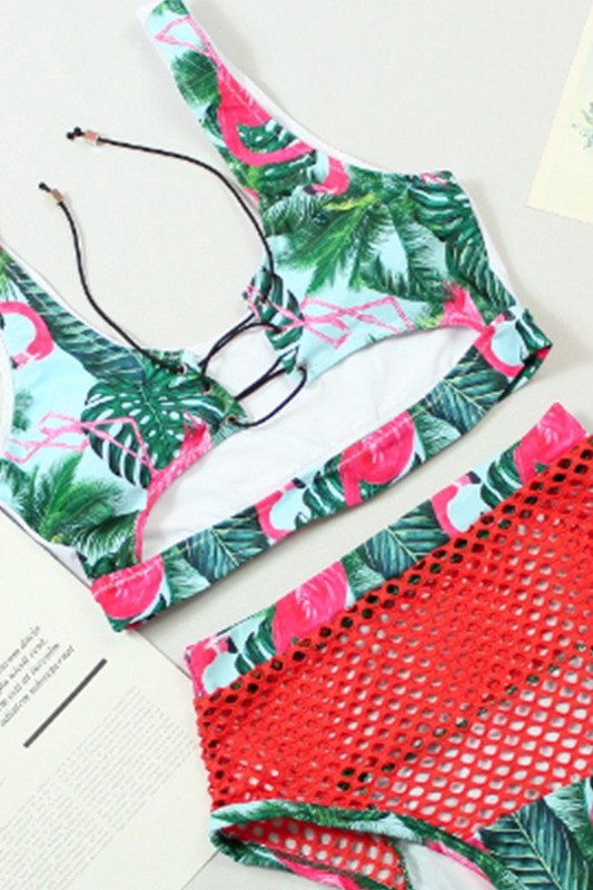 Pattern and mesh high waisted bikini
