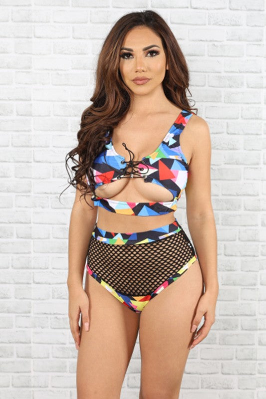Pattern and mesh high waisted bikini
