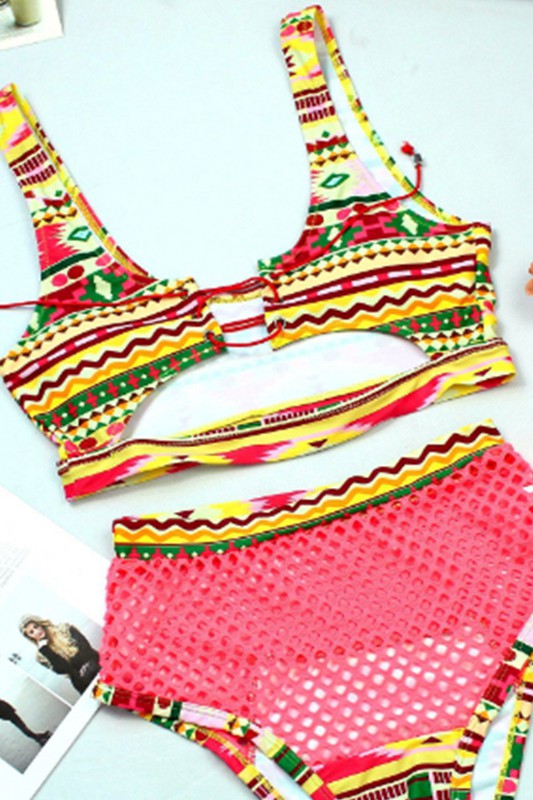 Pattern and mesh high waisted bikini