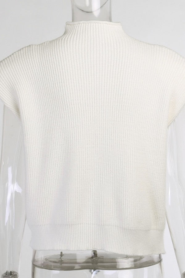 Wool Knit High-Neck Short Sleeved Sweater Top