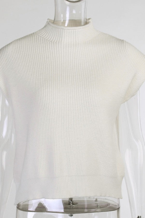 Wool Knit High-Neck Short Sleeved Sweater Top