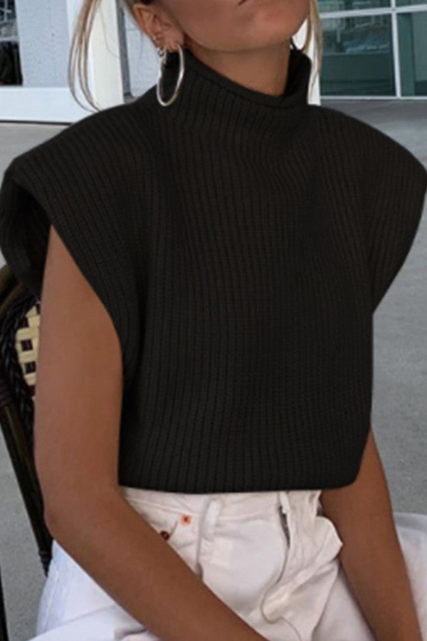 Wool Knit High-Neck Short Sleeved Sweater Top