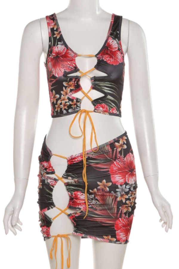 Floral Print Hollow Two-piece Casual Set