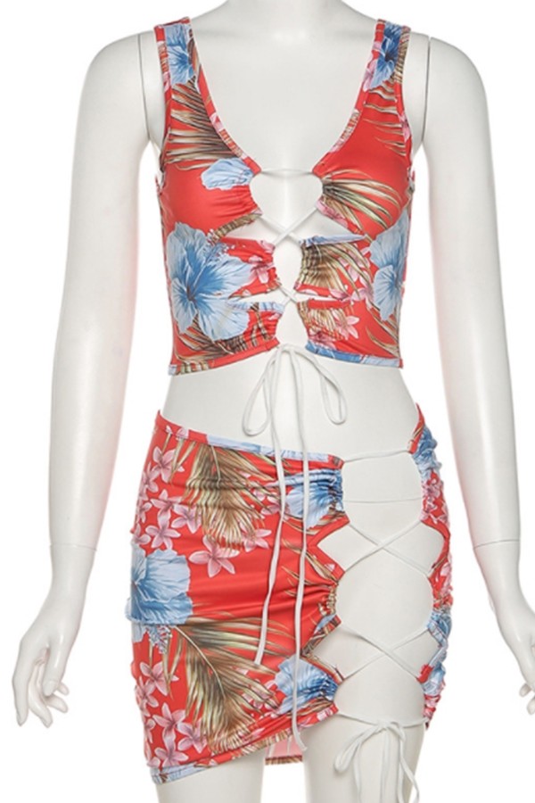 Floral Print Hollow Two-piece Casual Set