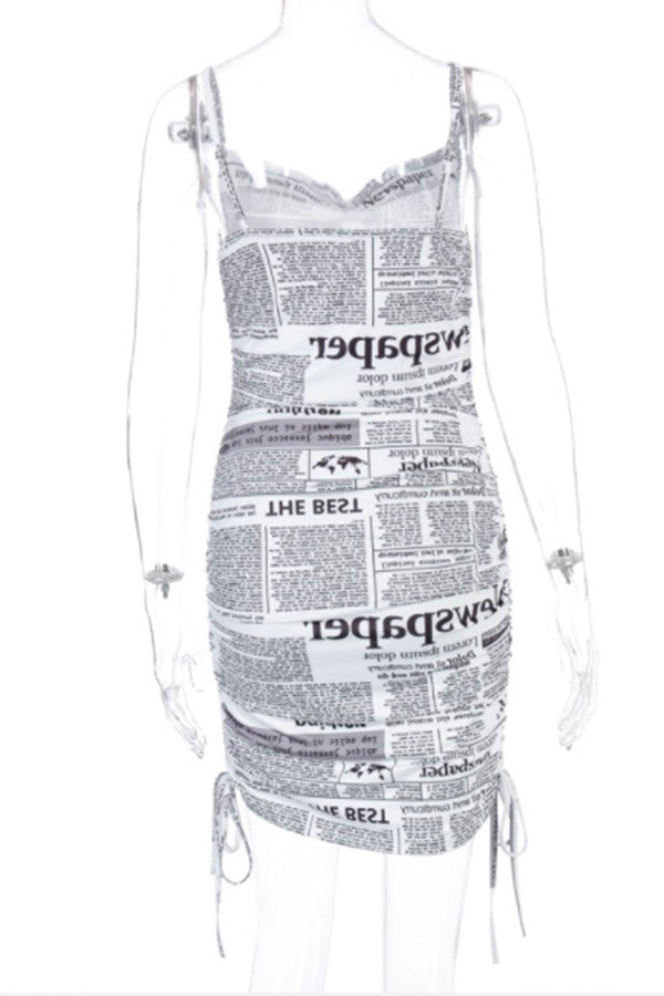 Newspaper-printed V-neck Dress