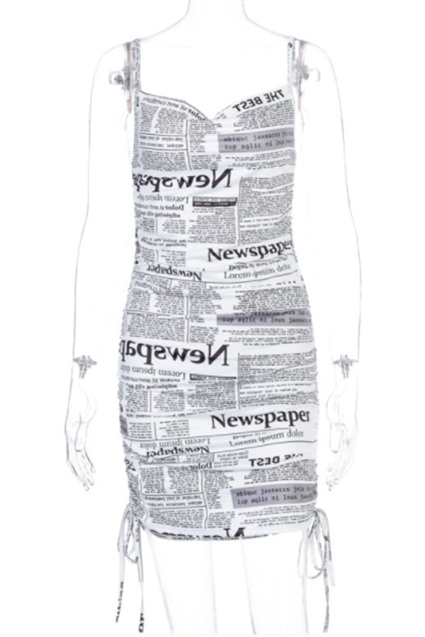 Newspaper-printed V-neck Dress