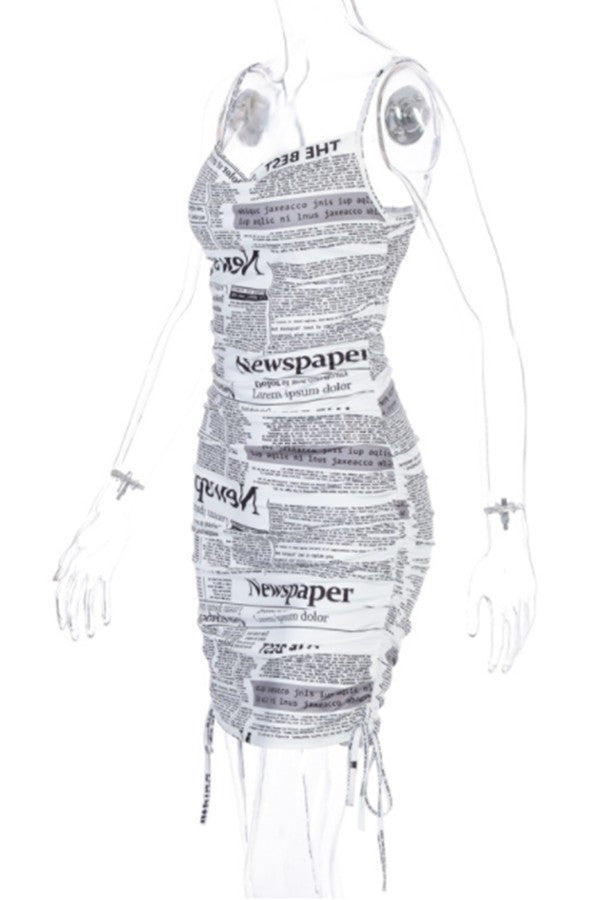 Newspaper-printed V-neck Dress