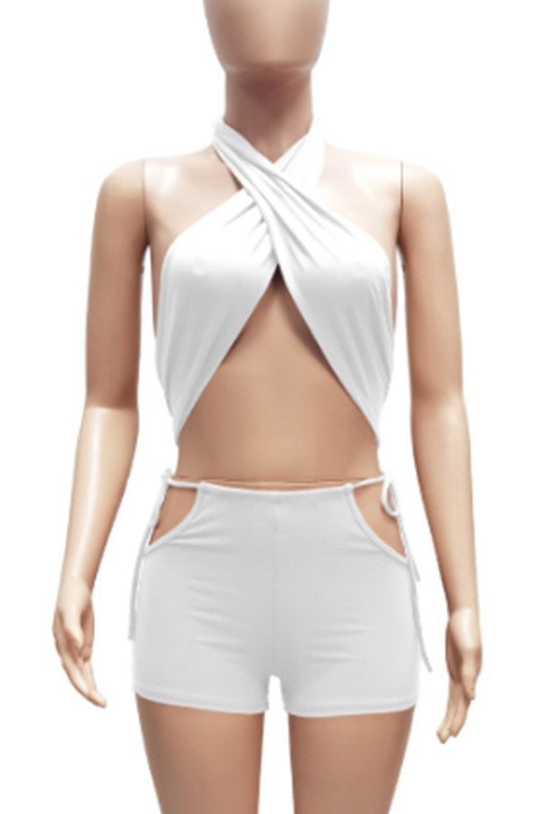 irregular backless hollow strap drawstring set