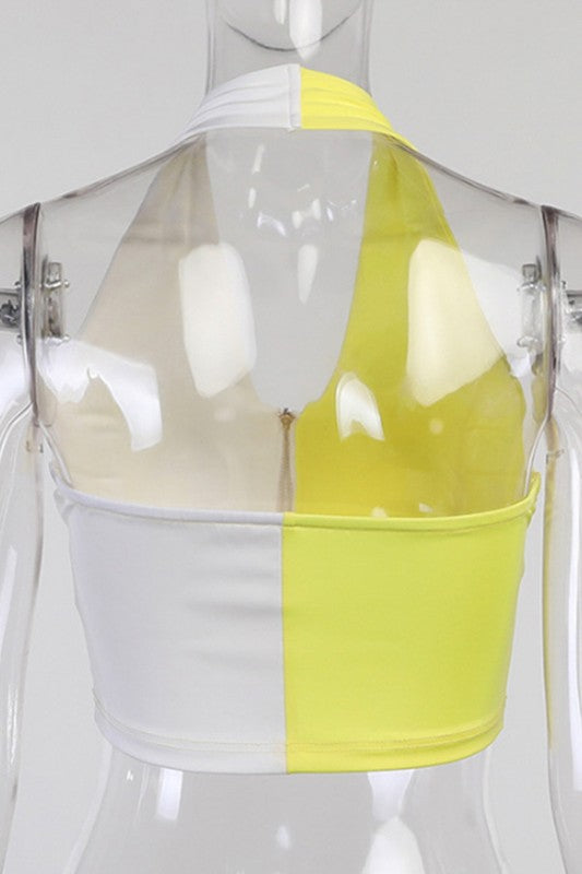 stitching hanging neck zipper top