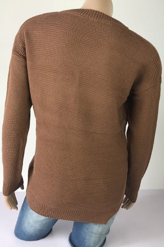 V neck unilateral split long sleeved pullover top