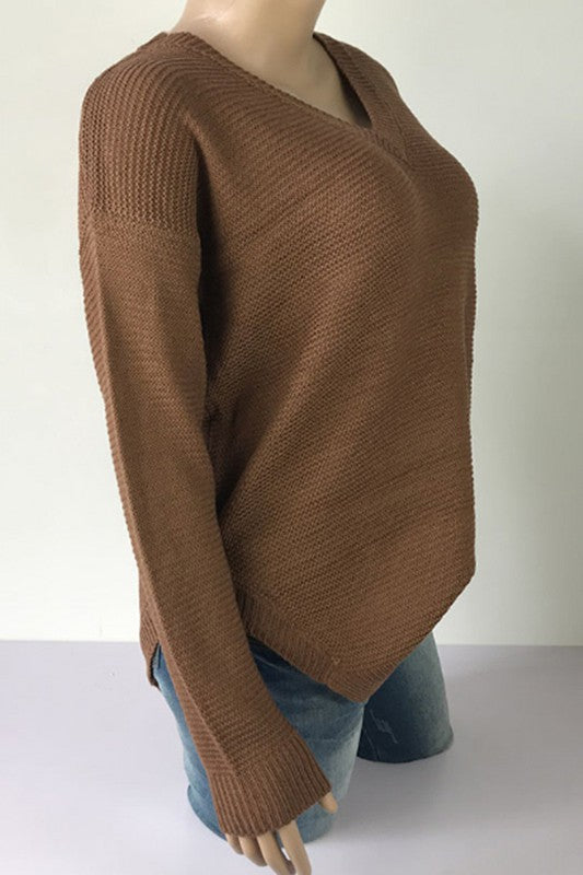 V neck unilateral split long sleeved pullover top