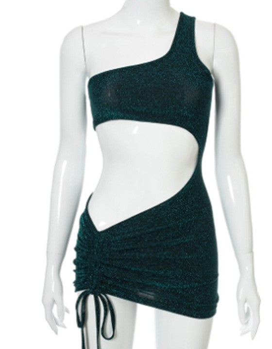 one-shoulder hollow navel pleated irregular dress