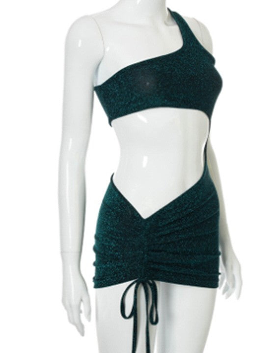 one-shoulder hollow navel pleated irregular dress