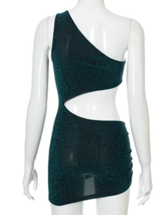 one-shoulder hollow navel pleated irregular dress