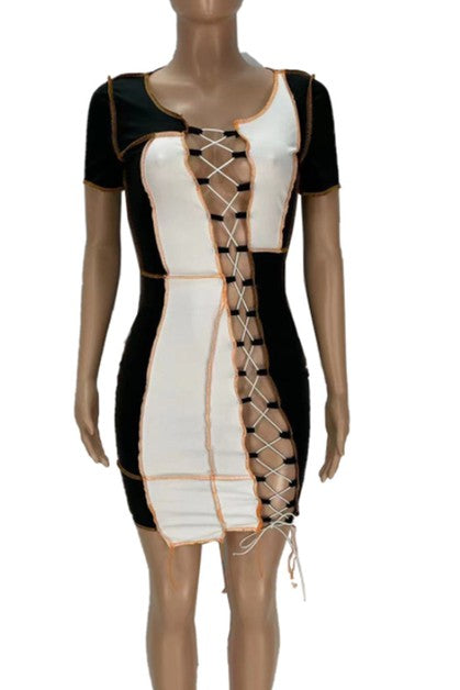 contrast stitching hollow dress