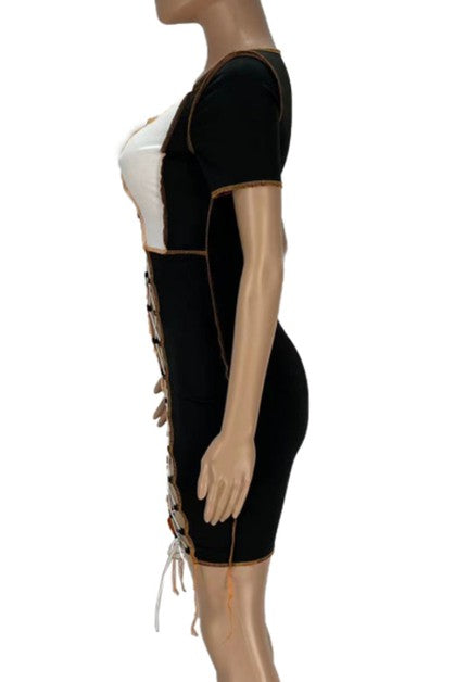 contrast stitching hollow dress
