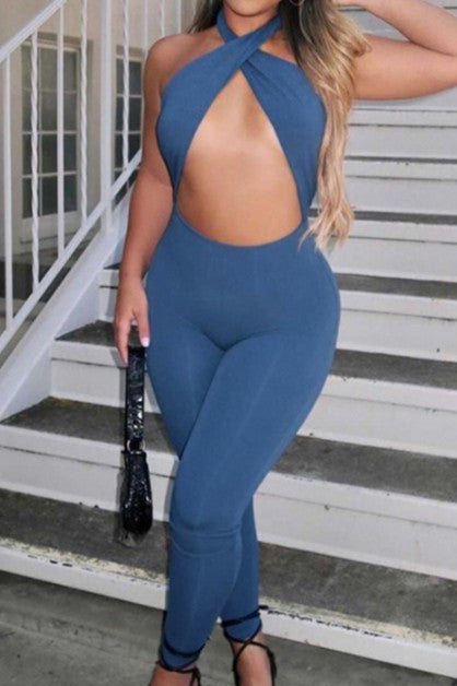 sexy open back halter  jumpsuit