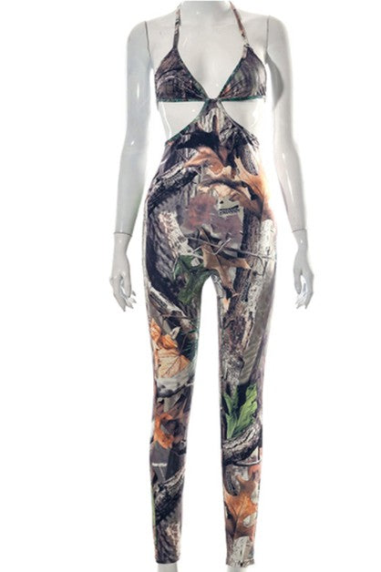 leaf print sleeveless  jumpsuit