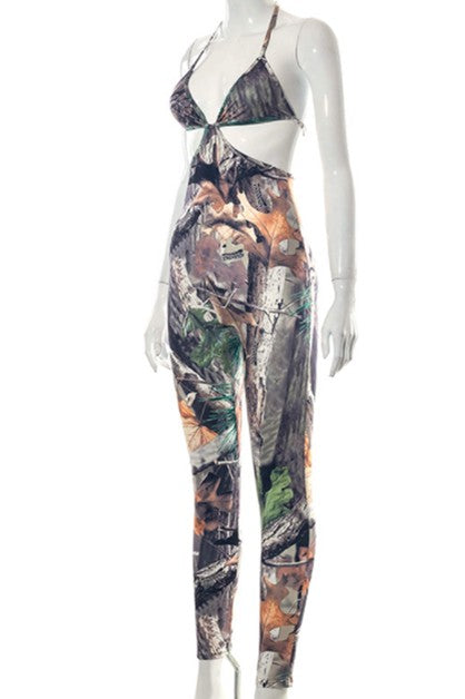 leaf print sleeveless  jumpsuit