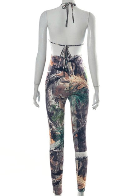 leaf print sleeveless  jumpsuit