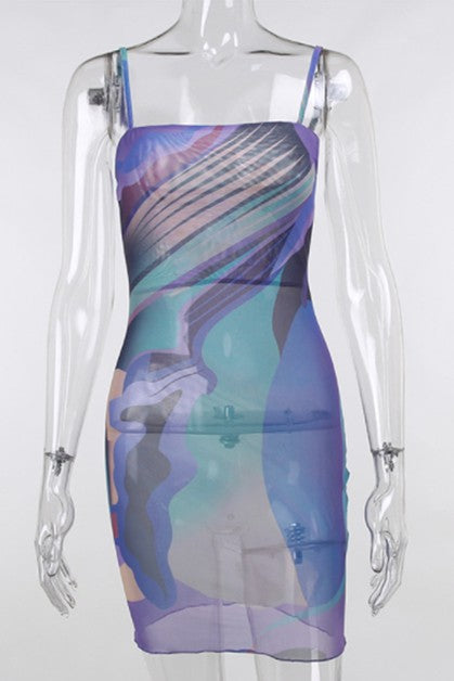 abstract printed mesh sexy dress
