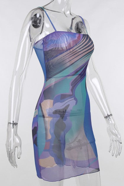 abstract printed mesh sexy dress