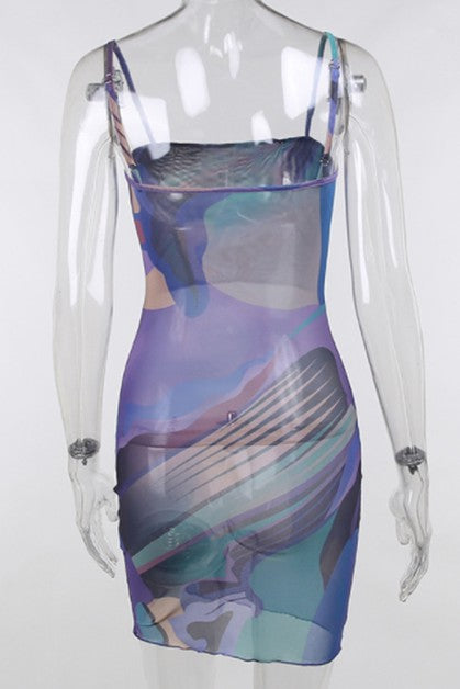 abstract printed mesh sexy dress