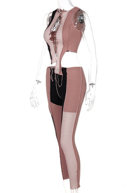 stitching lace up sleeveless vest slim casual pants set