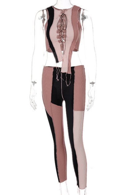 stitching lace up sleeveless vest slim casual pants set