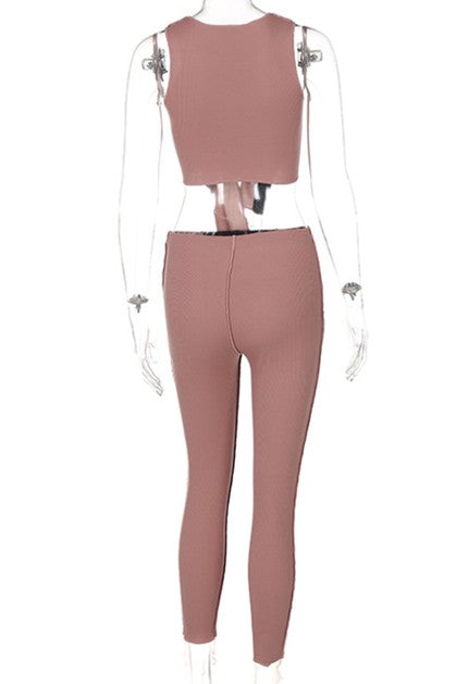 stitching lace up sleeveless vest slim casual pants set