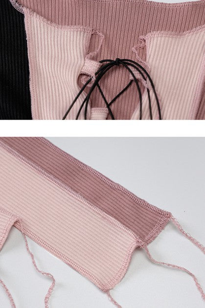 stitching lace up sleeveless vest slim casual pants set