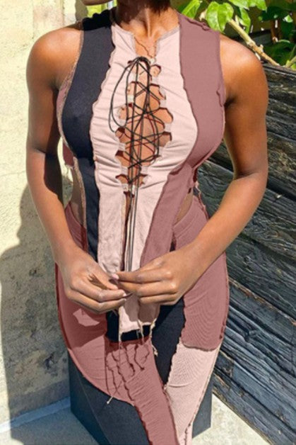 stitching lace up sleeveless vest slim casual pants set