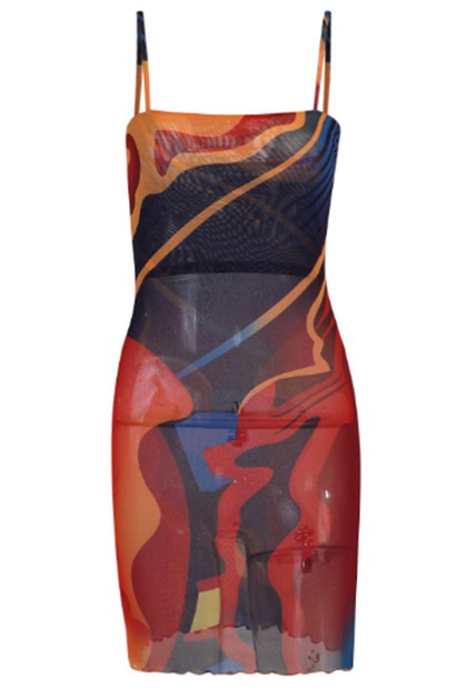 abstract printed mesh sexy dress